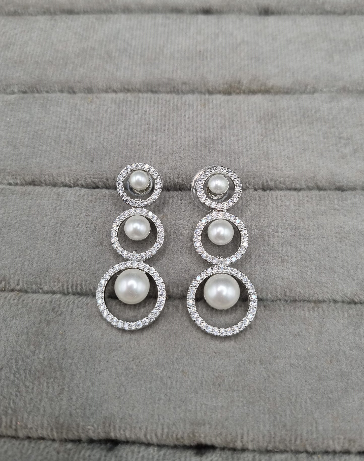 Graduated Pearl Halo Circle American Diamond Necklace Set with Drop Earrings