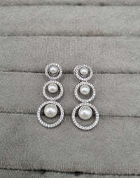 Graduated Pearl Halo Circle American Diamond Necklace Set with Drop Earrings