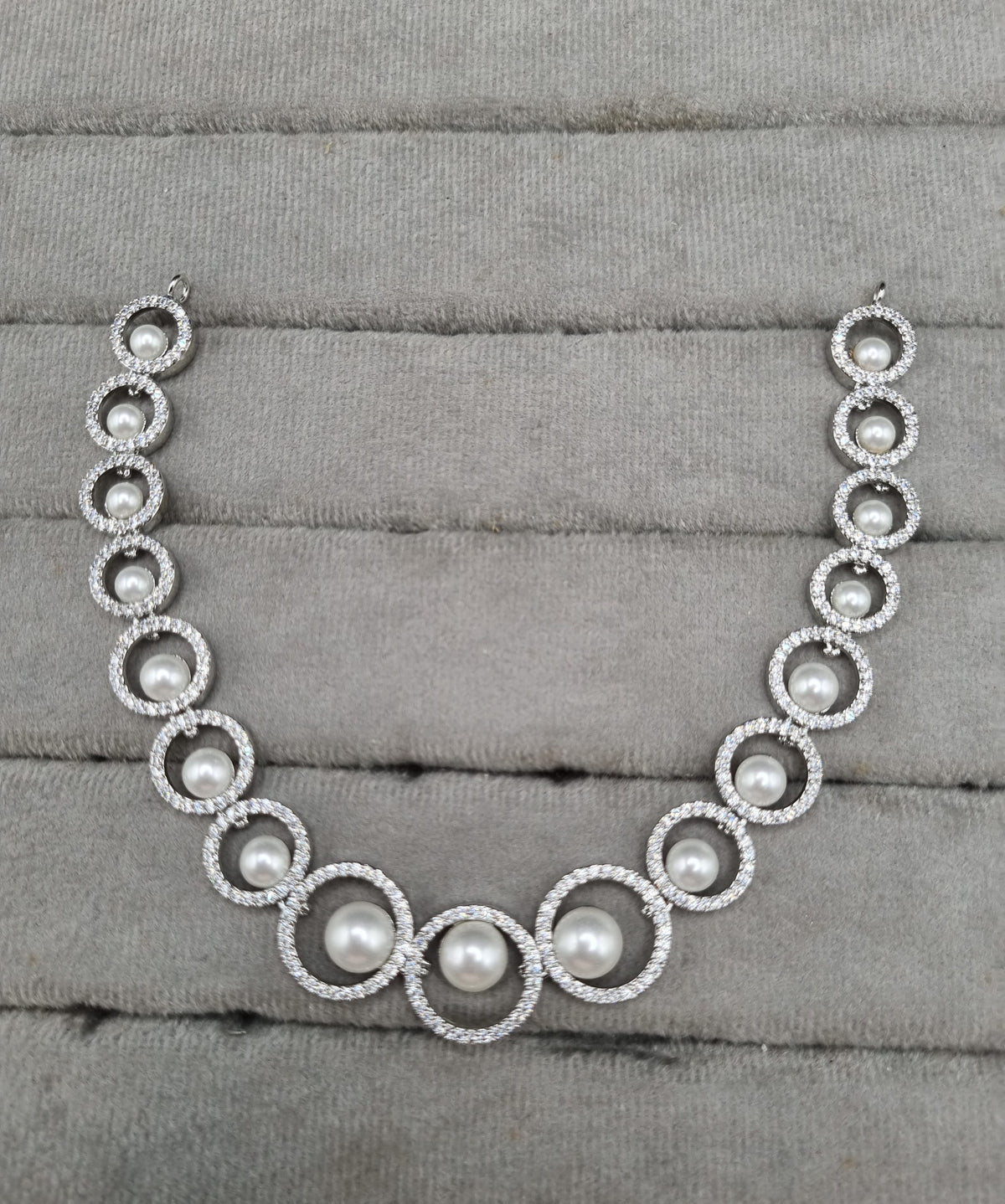 Graduated Pearl Halo Circle American Diamond Necklace Set with Drop Earrings