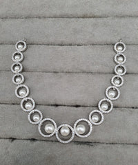 Graduated Pearl Halo Circle American Diamond Necklace Set with Drop Earrings