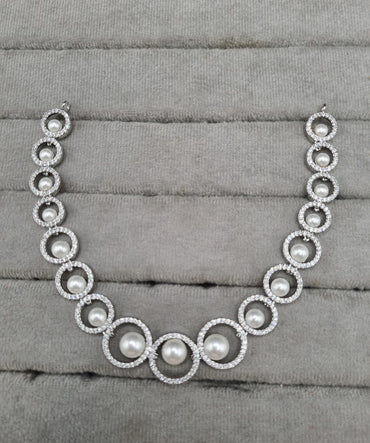 Graduated Pearl Halo Circle American Diamond Necklace Set with Drop Earrings