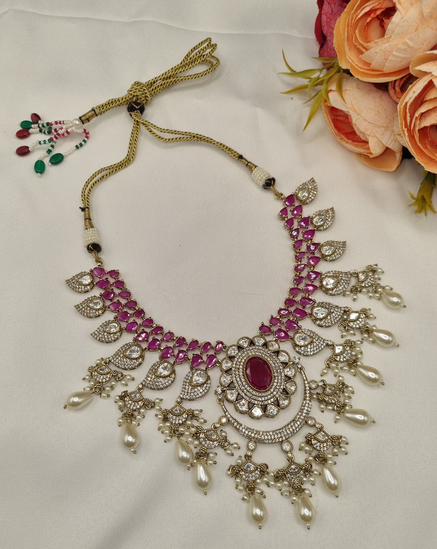Ruby Pink Kundan Choker Set with Maang Tikka and Earrings