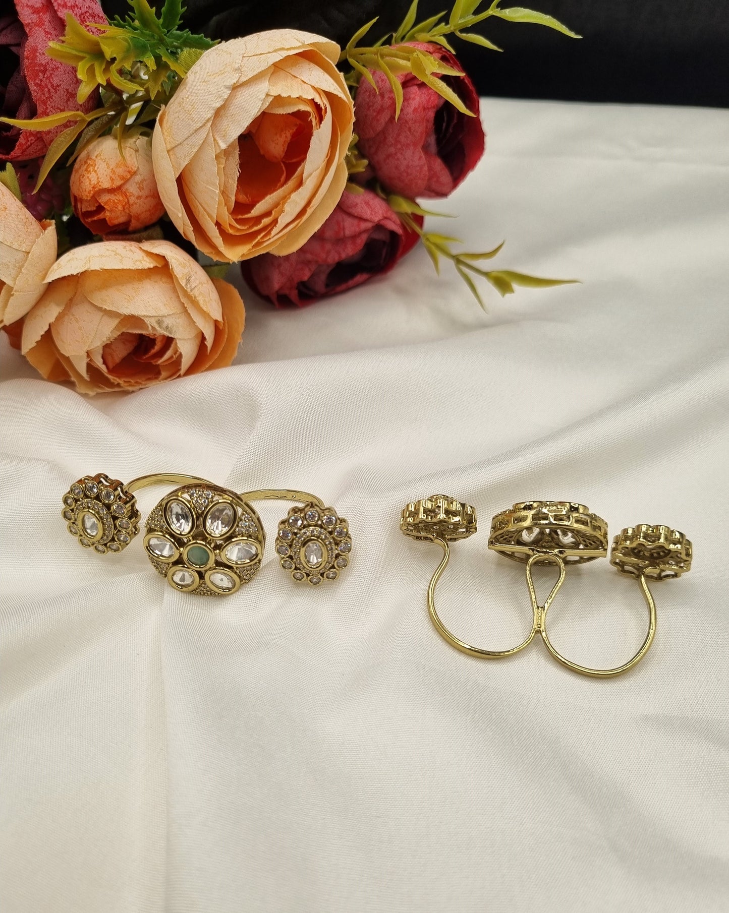 Floral Three-Finger Kundan Ring