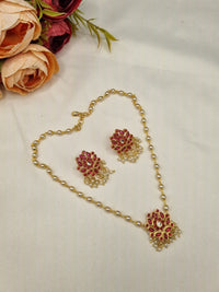 FLORAL STONE PENDANT & PEARL CHAIN JEWELRY SET  DESCRIPTION