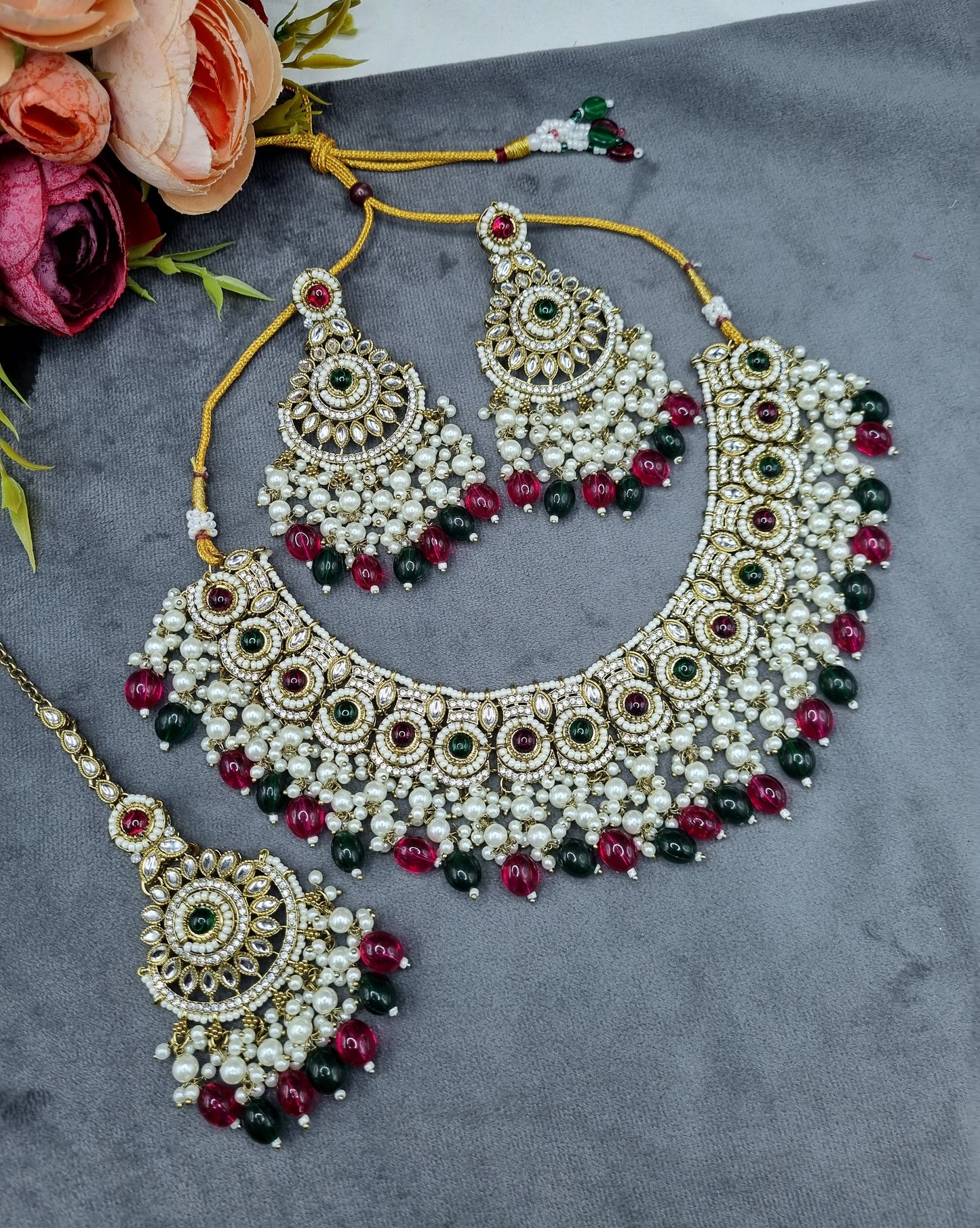 Ornate Choker Necklace, Earrings & Maangtikka Set
