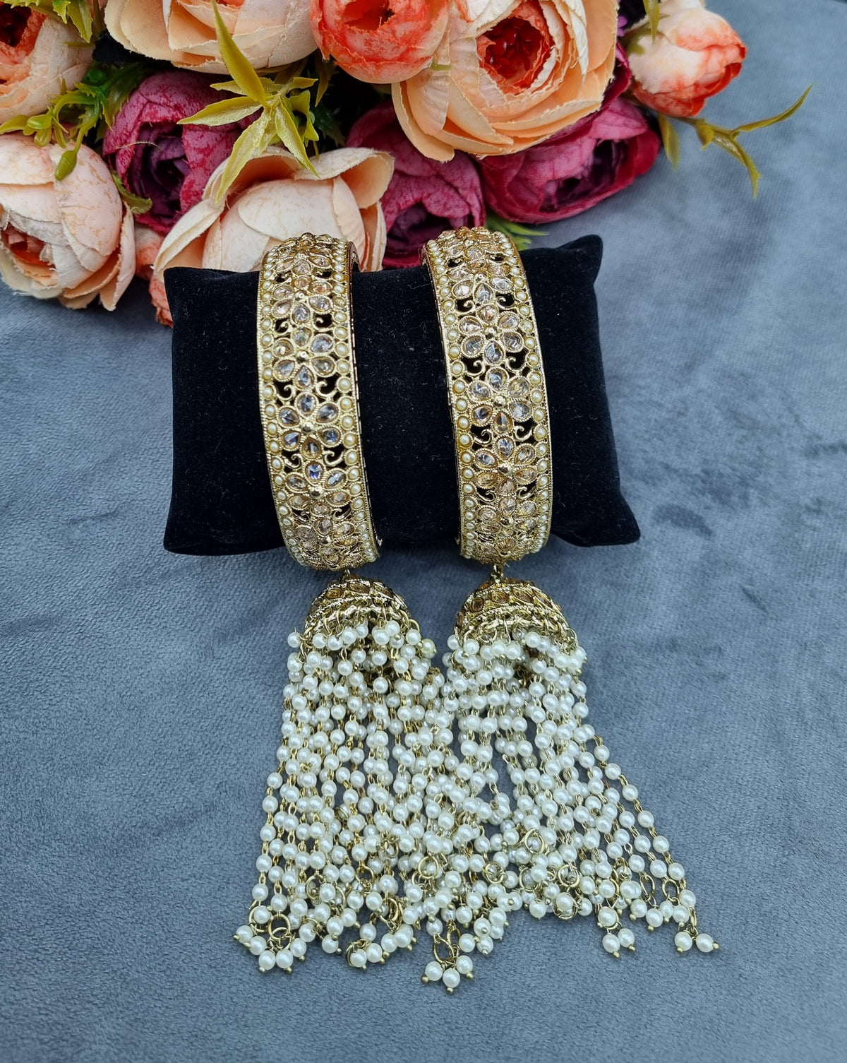 Traditional Kada Bangles with Hanging Pearl Jhumkas