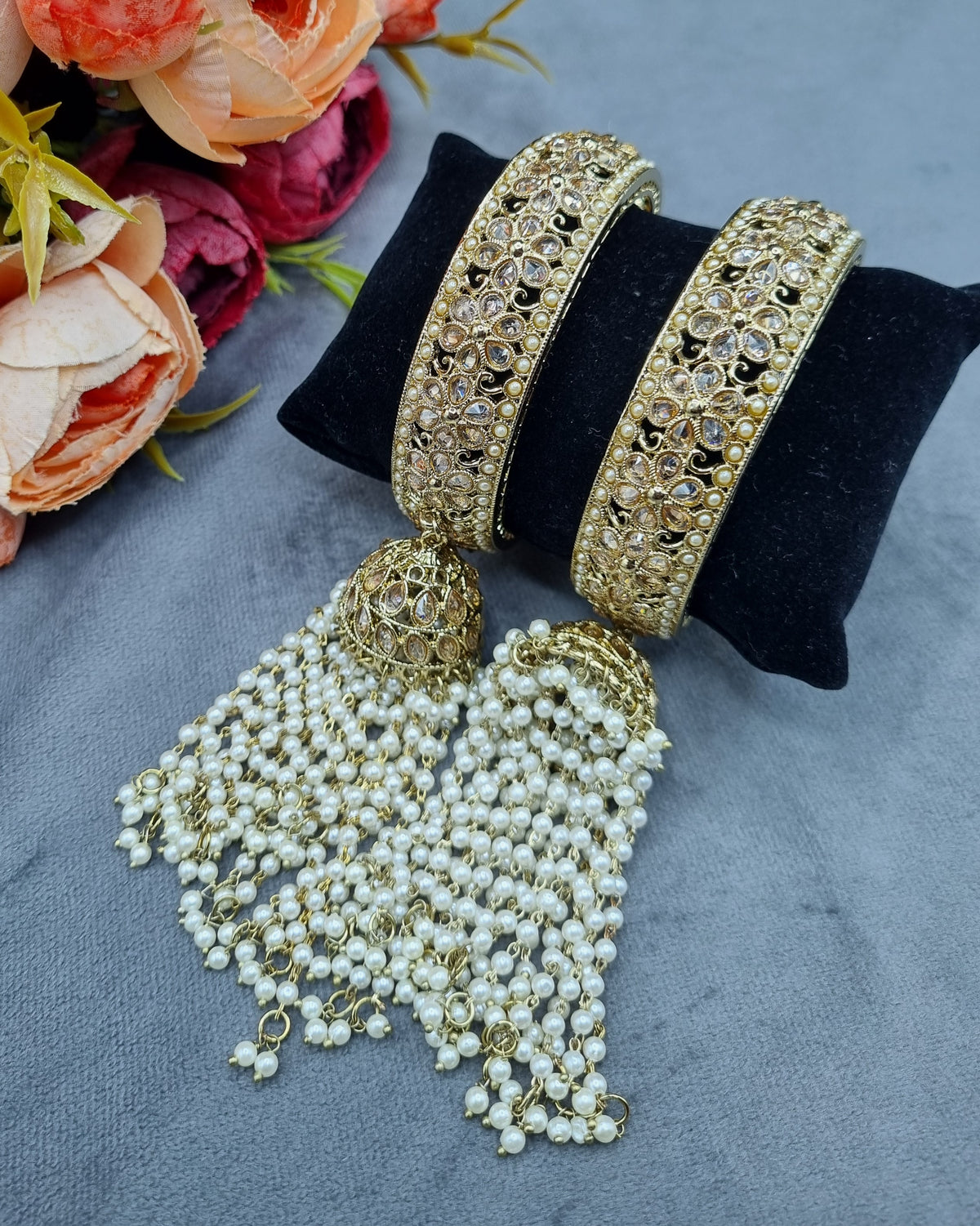 Traditional Kada Bangles with Hanging Pearl Jhumkas