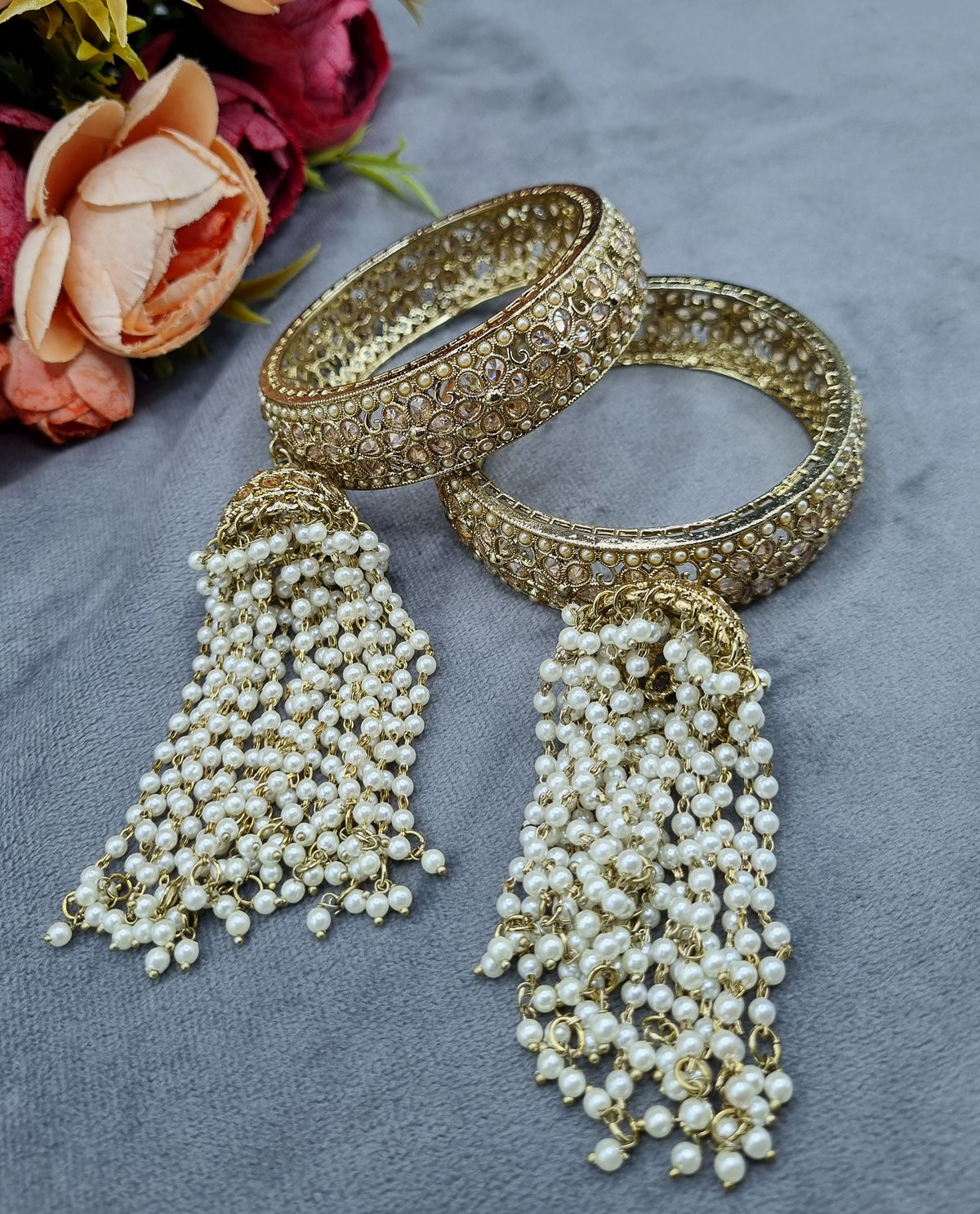 Traditional Kada Bangles with Hanging Pearl Jhumkas