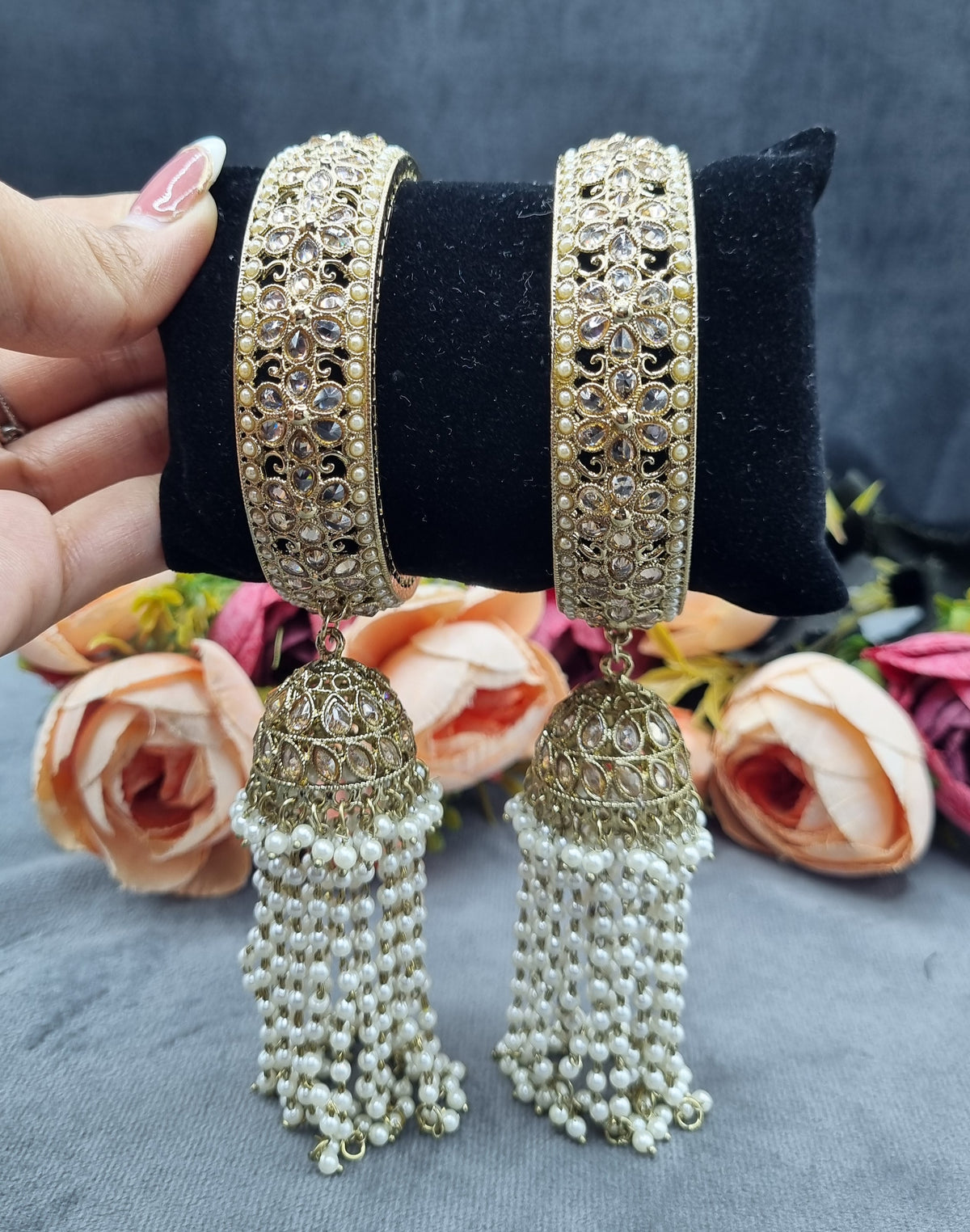Traditional Kada Bangles with Hanging Pearl Jhumkas