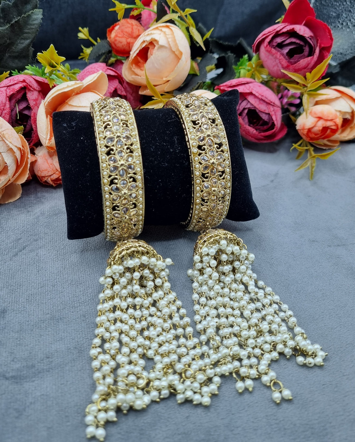 Traditional Kada Bangles with Hanging Pearl Jhumkas