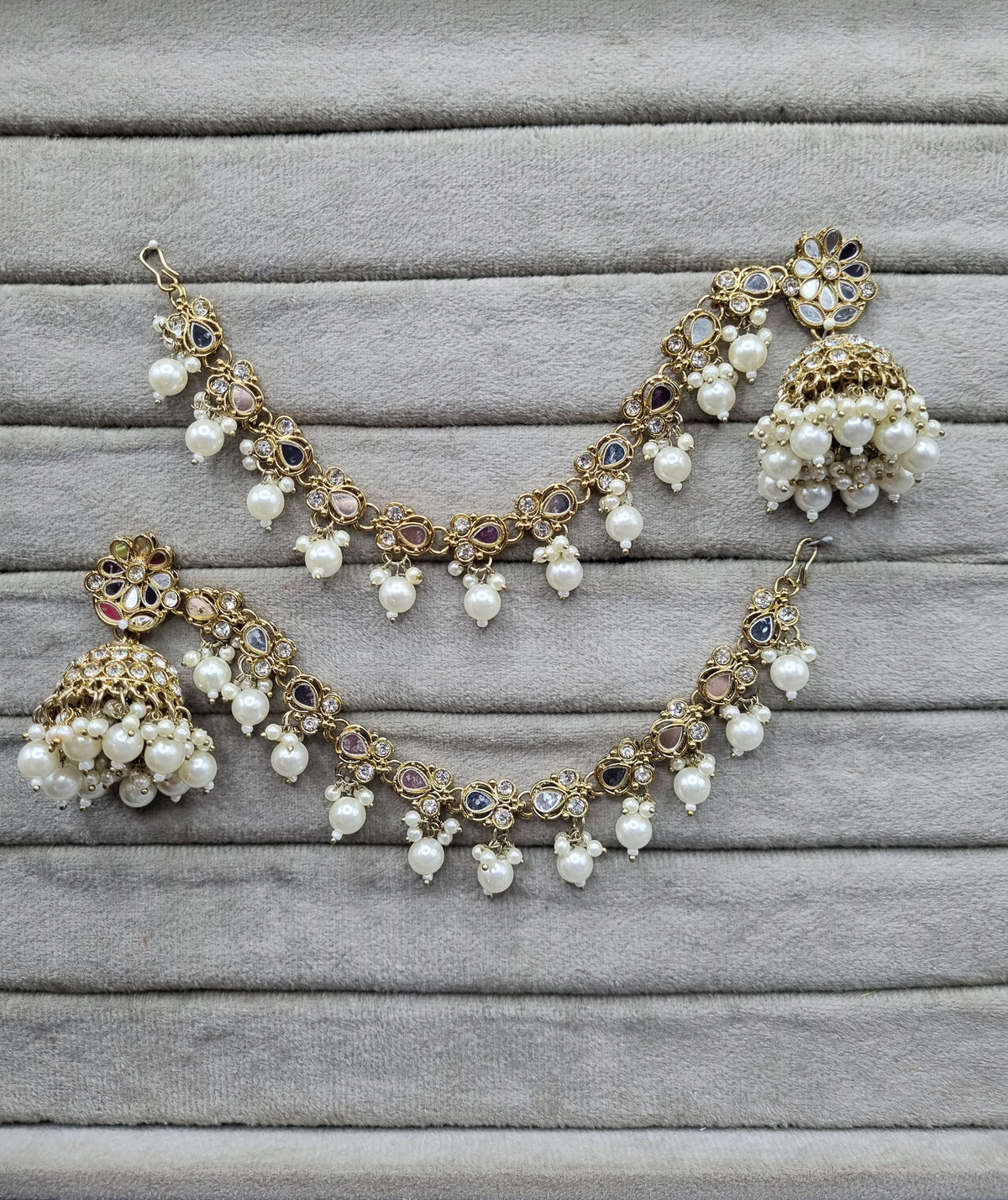 Pearl Sahara Jhumka Earrings with Hair Chain