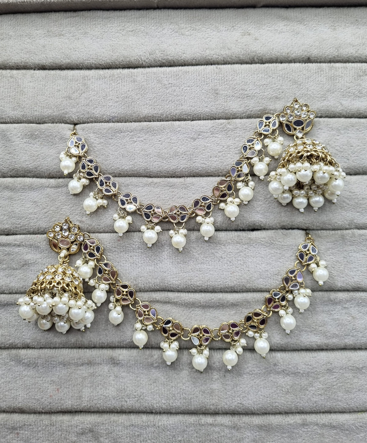 Traditional Mirror Inset Pearl Jhumka Earrings with Attached Chains