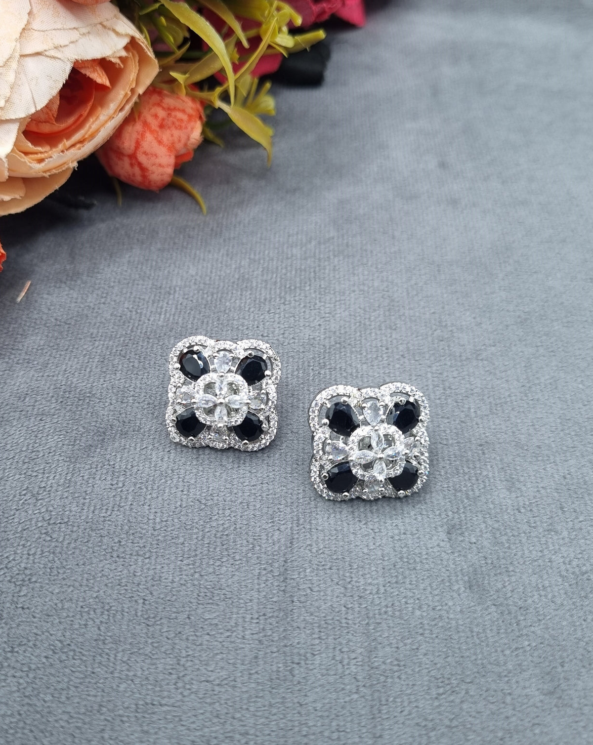 Geometric Floral American Diamond Stud Earrings