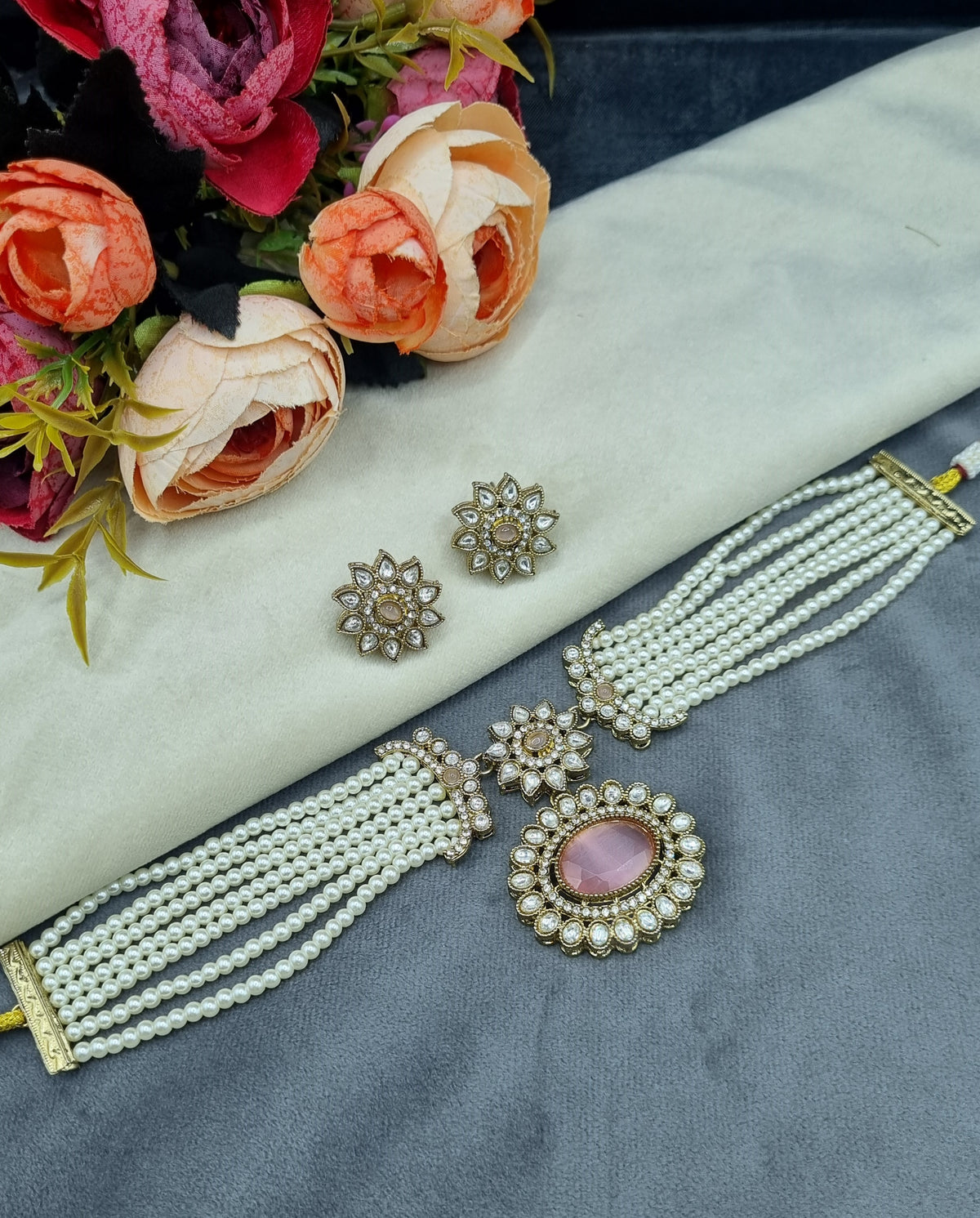 Traditional Multi-Layer Pearl Choker Set with Floral Studs