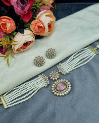 Traditional Multi-Layer Pearl Choker Set with Floral Studs