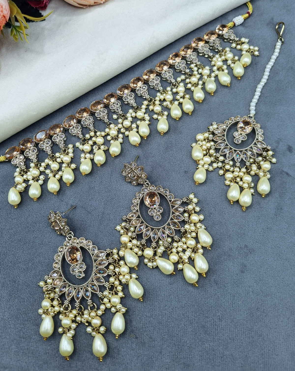 Crystal Choker Necklace Set with Chandbali Earrings & Maang Tikka