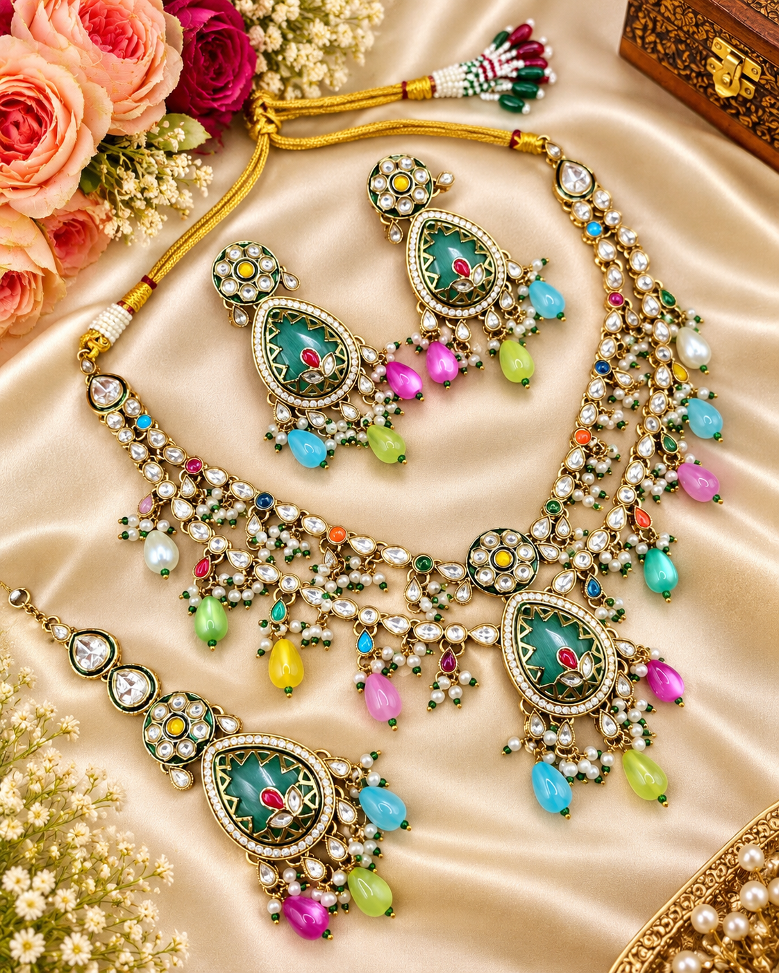 Handcrafted Kundan Layered Necklace Set with Earrings & Maangtikka