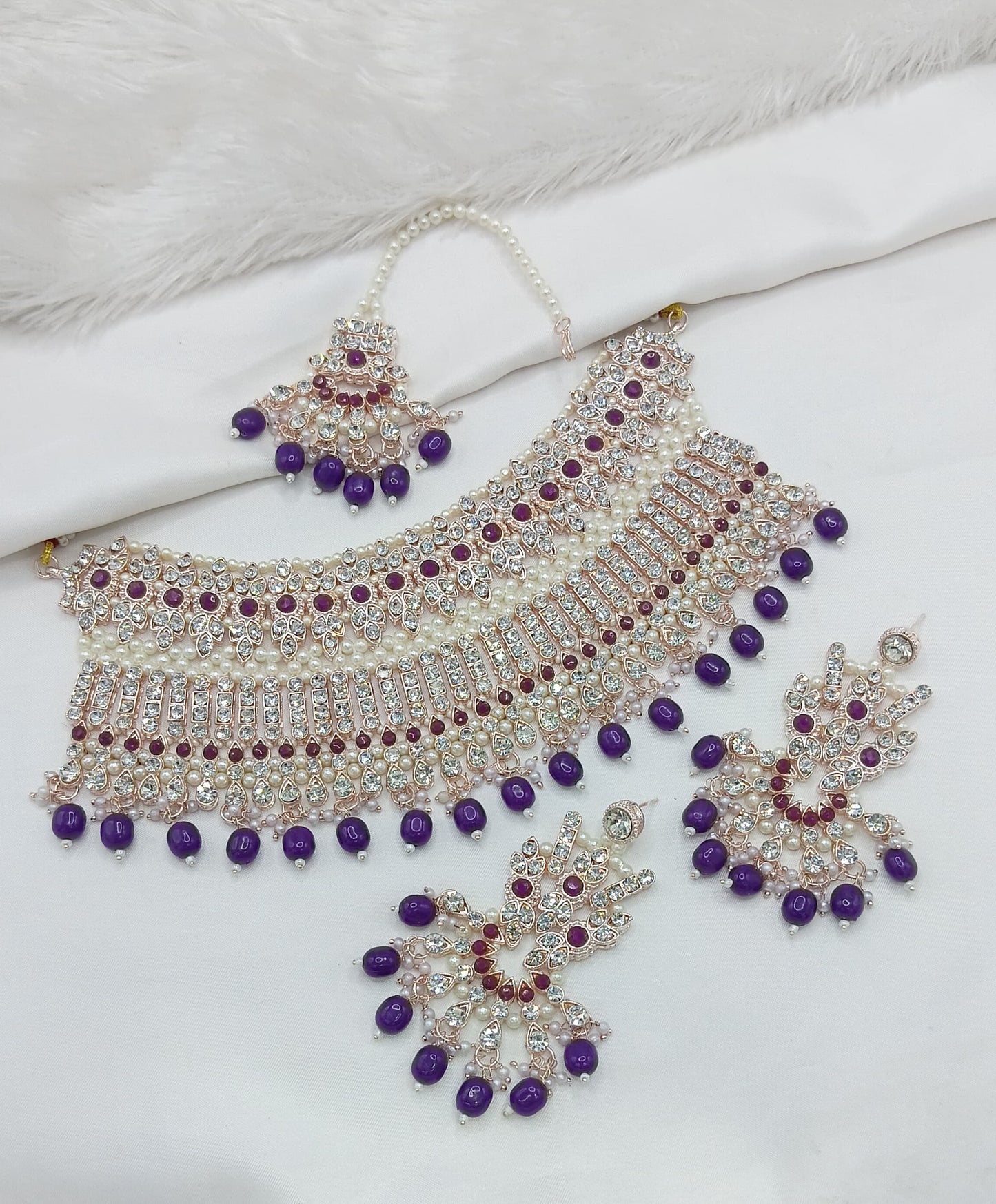 Purple Multi-Layered Pearl Choker Set with Maang Tikka