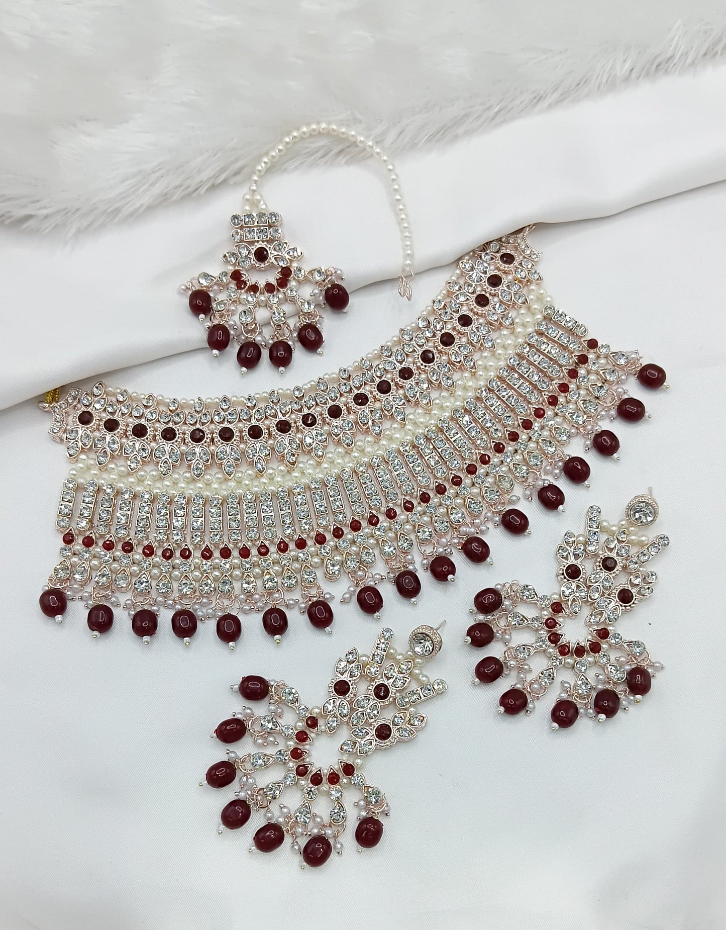 Purple Multi-Layered Pearl Choker Set with Maang Tikka