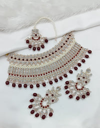 Purple Multi-Layered Pearl Choker Set with Maang Tikka