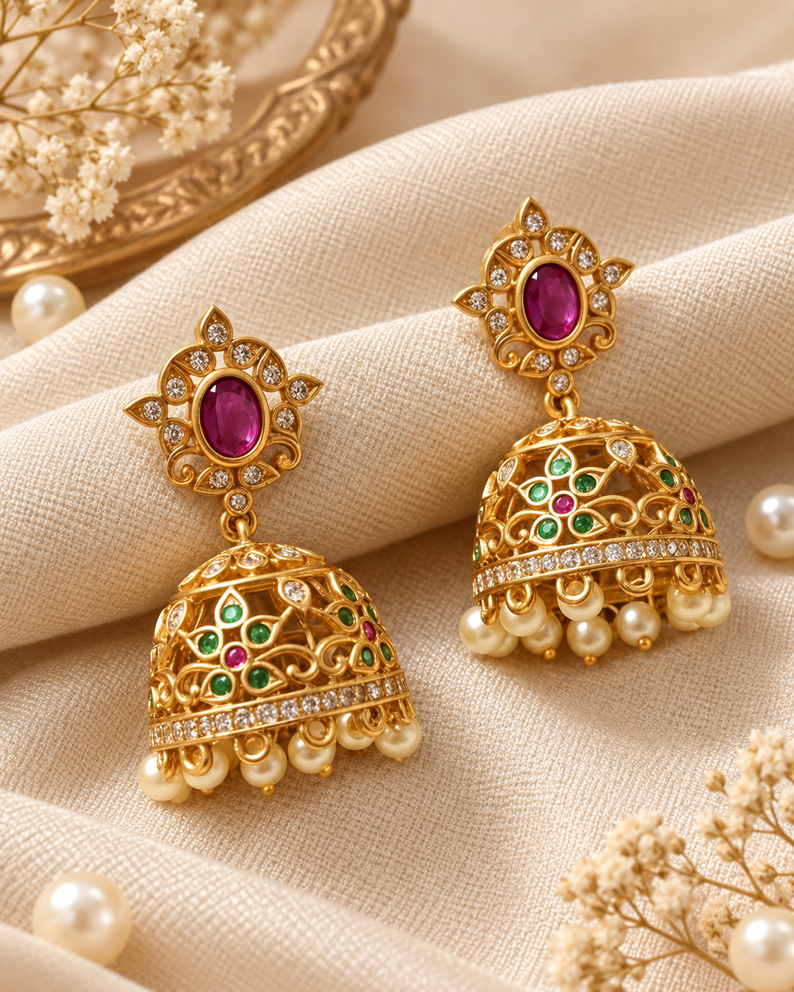 Gold-Plated Jhumka Earrings with Ruby Studs & Pearl Drops