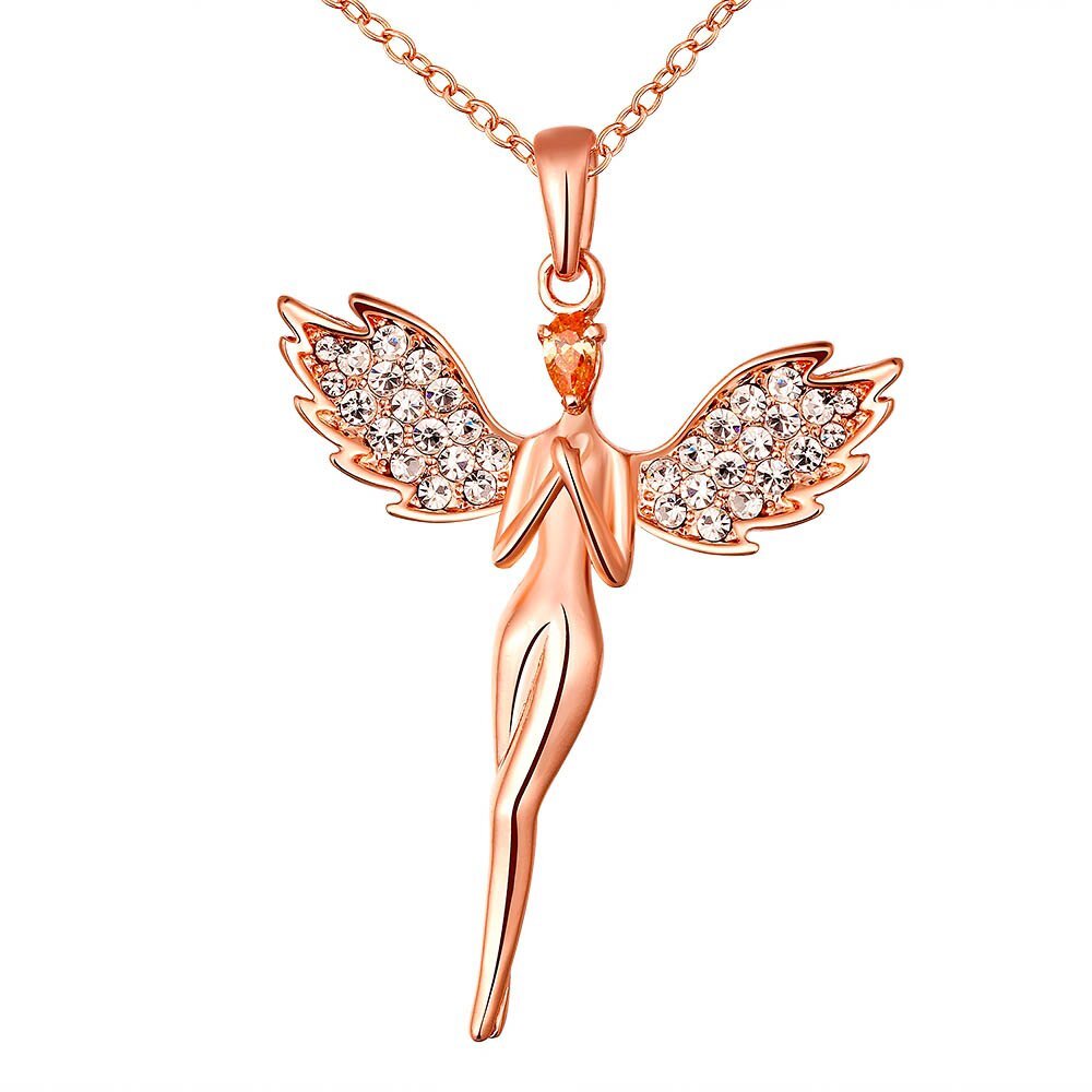 Guardian Angel Wings Necklace – Elegant Rose Gold Spirit Pendant with Shimmering Crystals