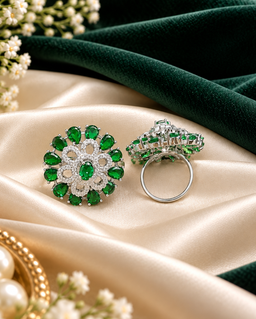 Deep Green American Diamond Floral Ring