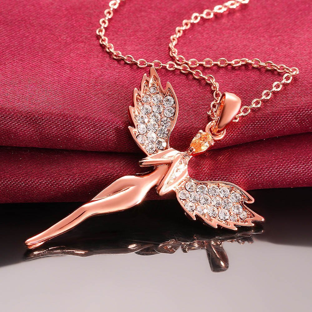 Guardian Angel Wings Necklace – Elegant Rose Gold Spirit Pendant with Shimmering Crystals