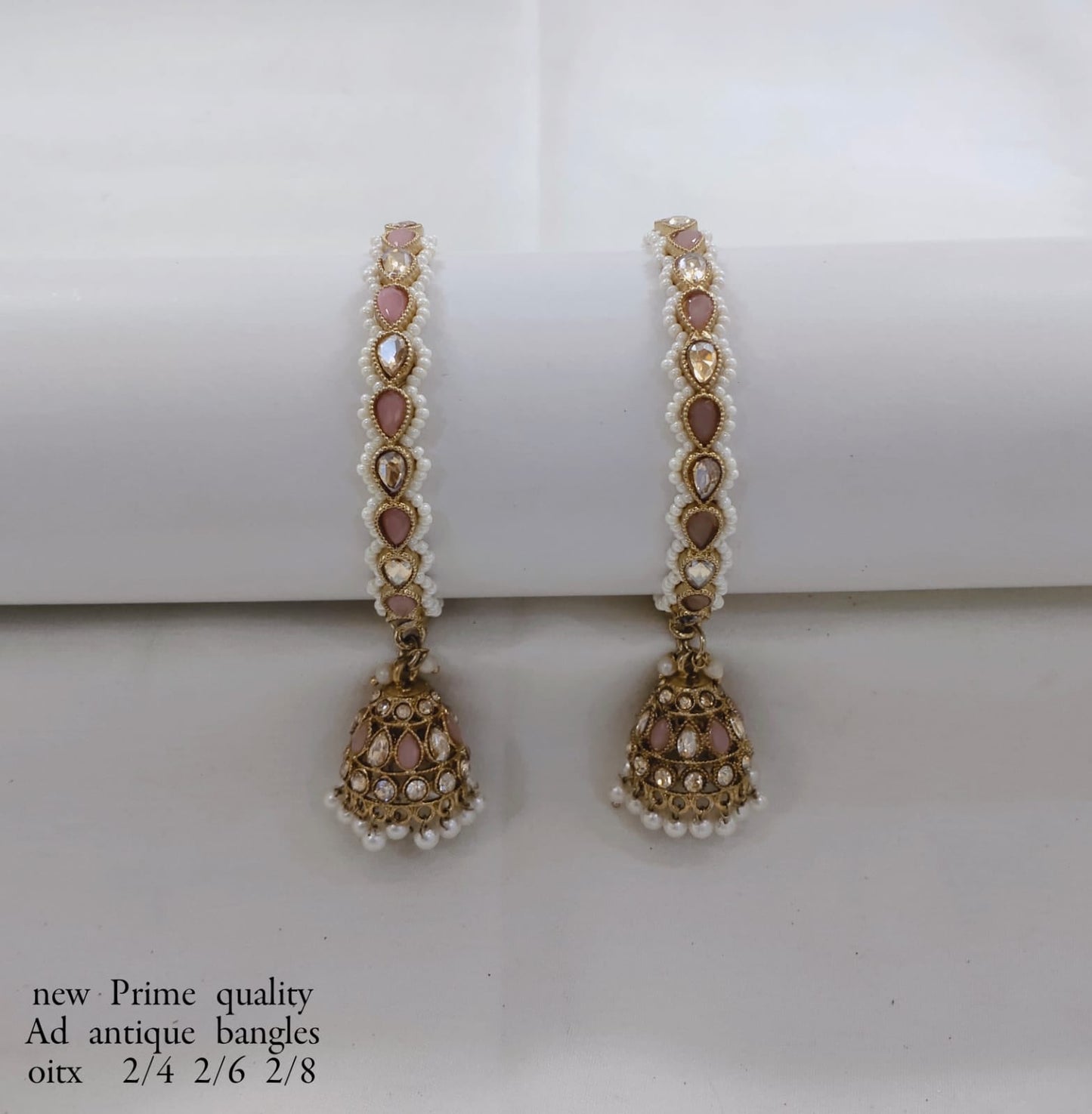 Antique Gold-Plated Bangle with Stones and Pearl Jhumka Drops – Prime Quality