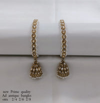 Antique Gold-Plated Bangle with Stones and Pearl Jhumka Drops – Prime Quality