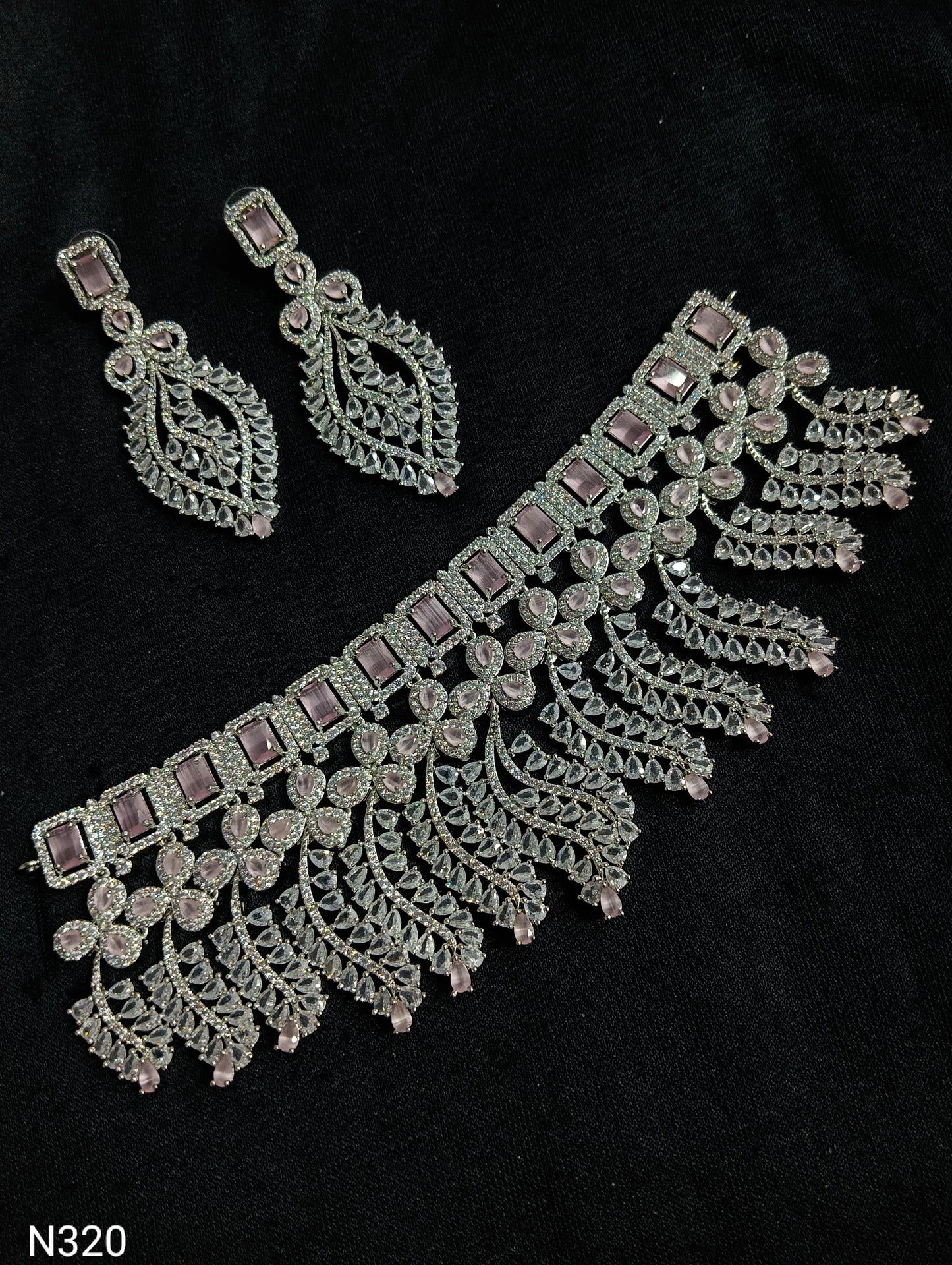 Baby Pink Stone & Silver Plated American Diamond Heavy Choker Necklace Set