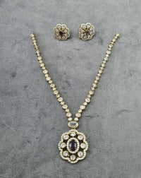 Vintage Floral Amethyst-Toned Pendant Set in Gold Finish with Studs