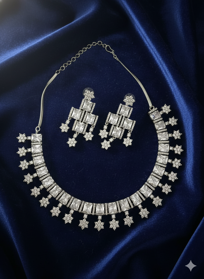 Geometric Necklace with Dangling Floral Drops Jewelry Set