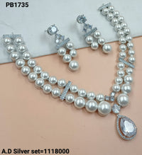 Baby Pink Stone & Double-Layer Pearl Necklace Set with AD Accents