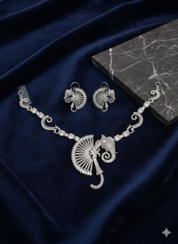 White AD Stone Elephant & Filigree Necklace Earring Set