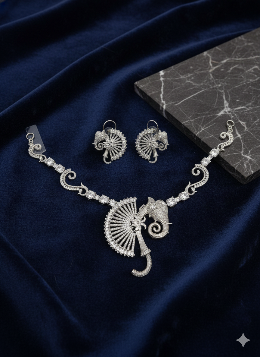 White AD Stone Elephant & Filigree Necklace Earring Set