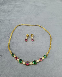 Ruby Red AD Square Stone Necklace  Earrings