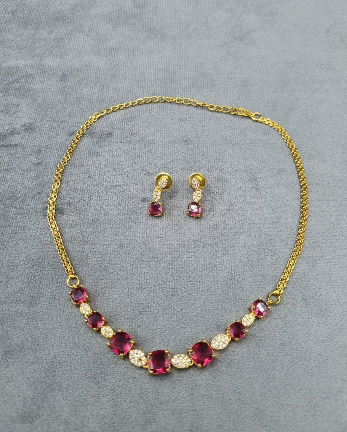 Ruby Red AD Square Stone Necklace  Earrings