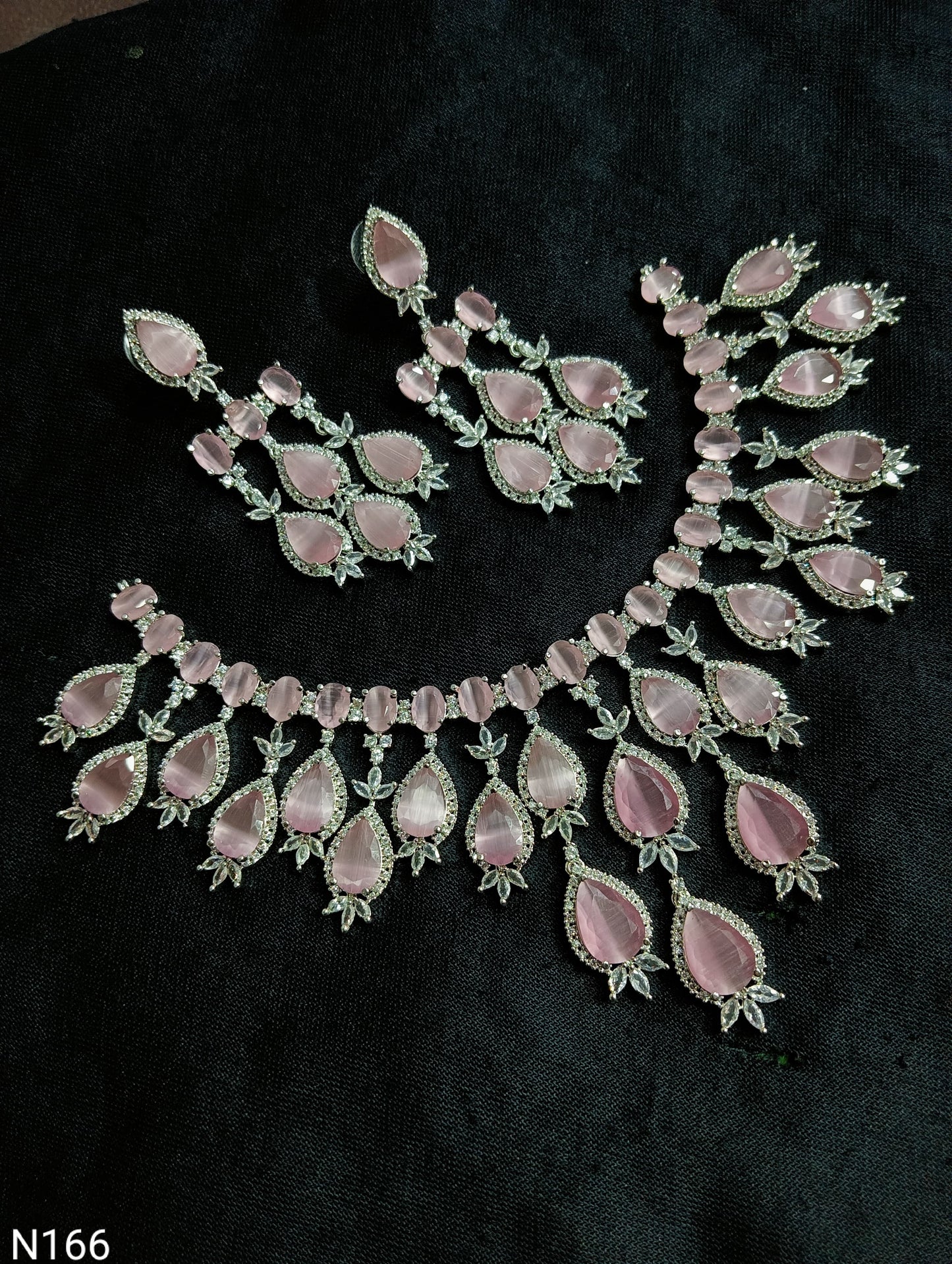 Ruby Pink & American Diamond Cascading Necklace Set