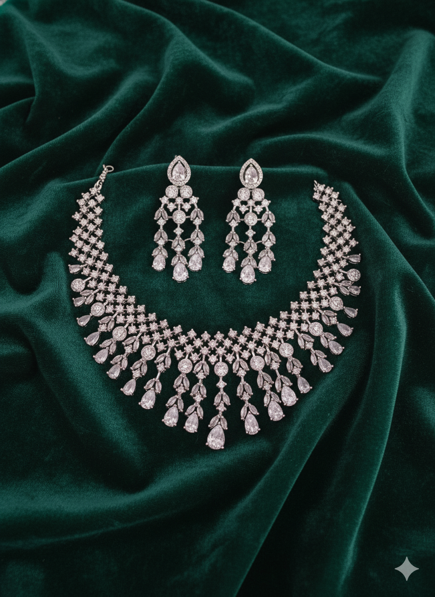 Grand White Stone Wedding Necklace & Earrings Set