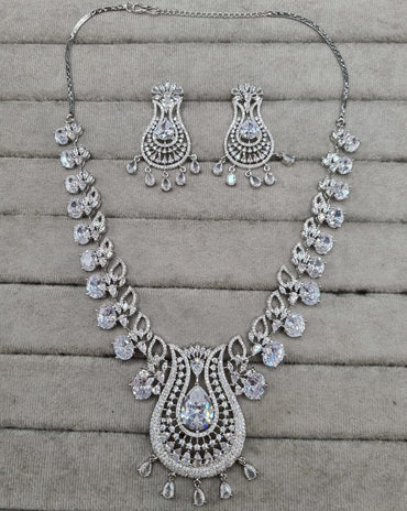 Luxurious Rhodium-Plated AD Paisley Jewellery Set
