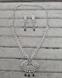 Silver-Tone Heart Link Necklace with Green Accents