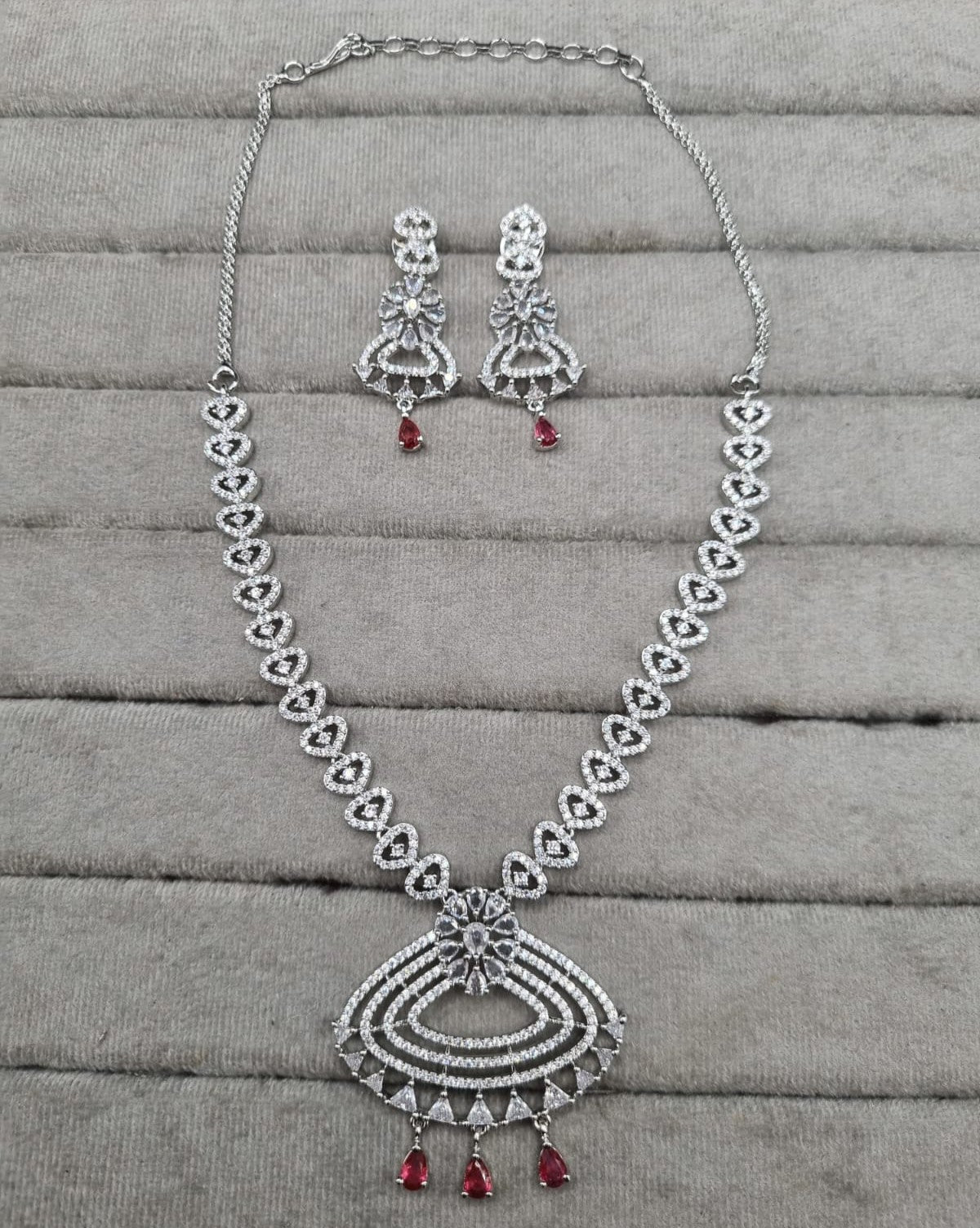 Silver-Tone Heart Link Necklace with Green Accents