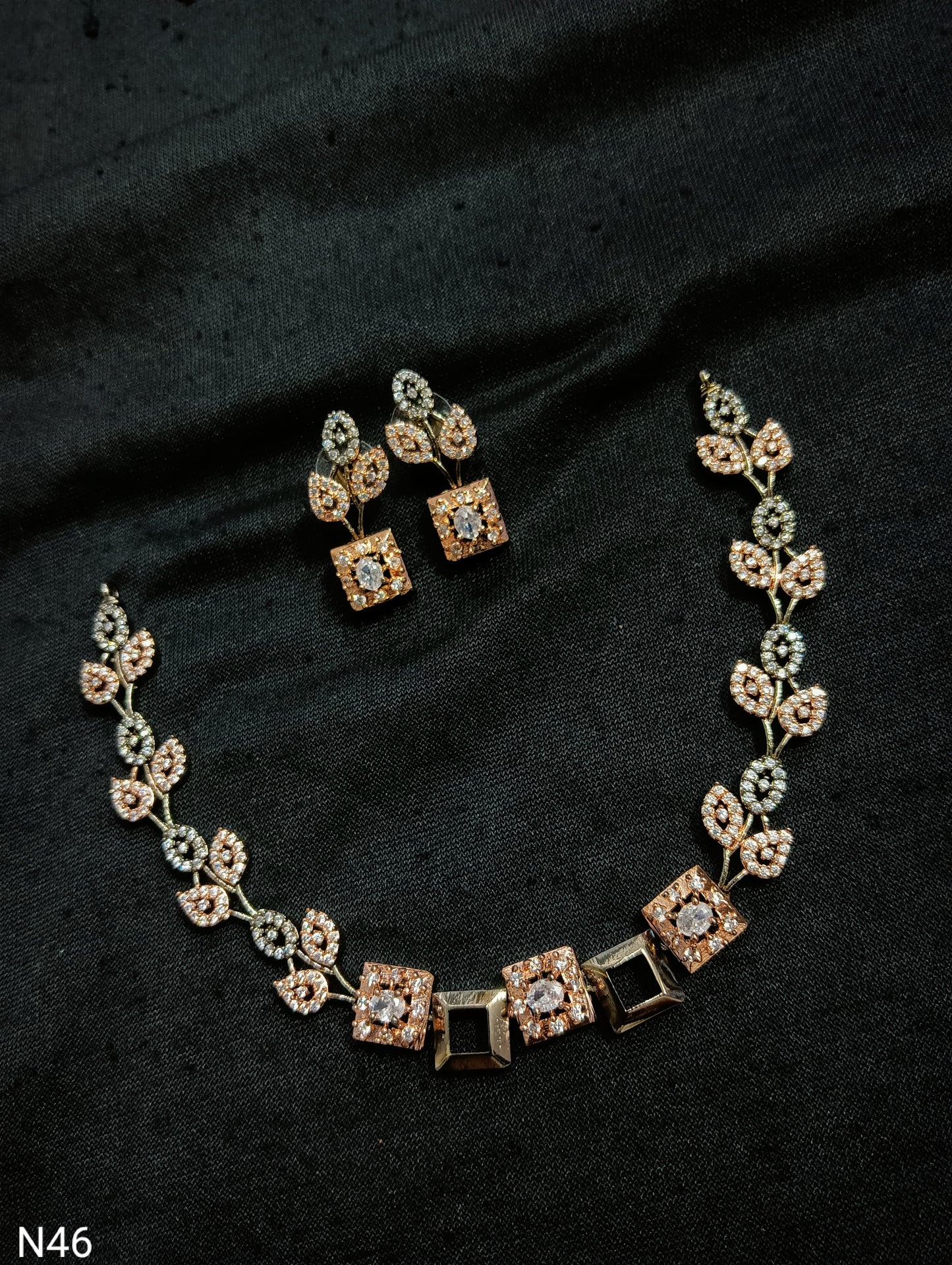 Blossom Square Dual-Tone AD Necklace Set with Earrings