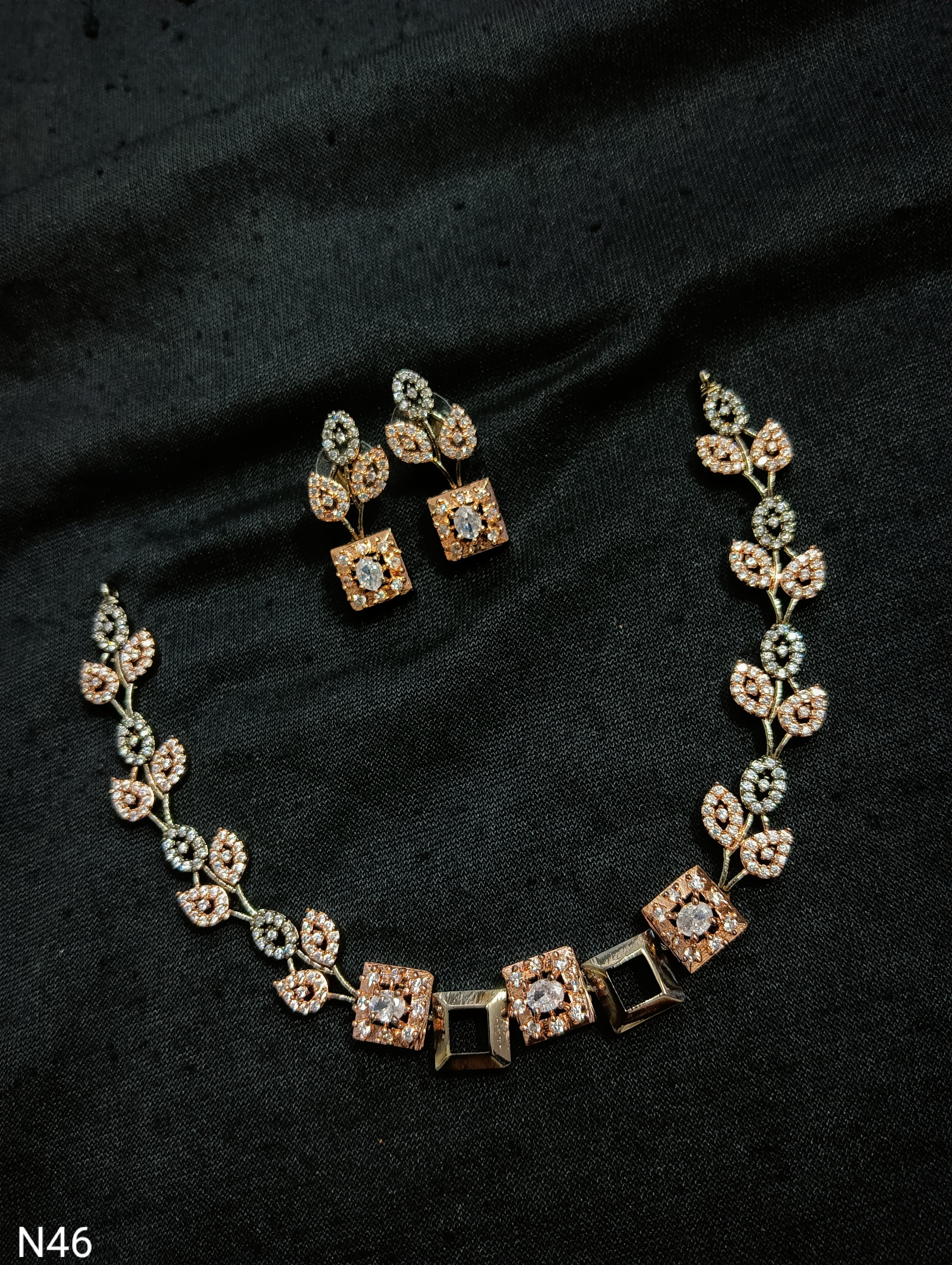 Blossom Square Dual-Tone AD Necklace Set with Earrings