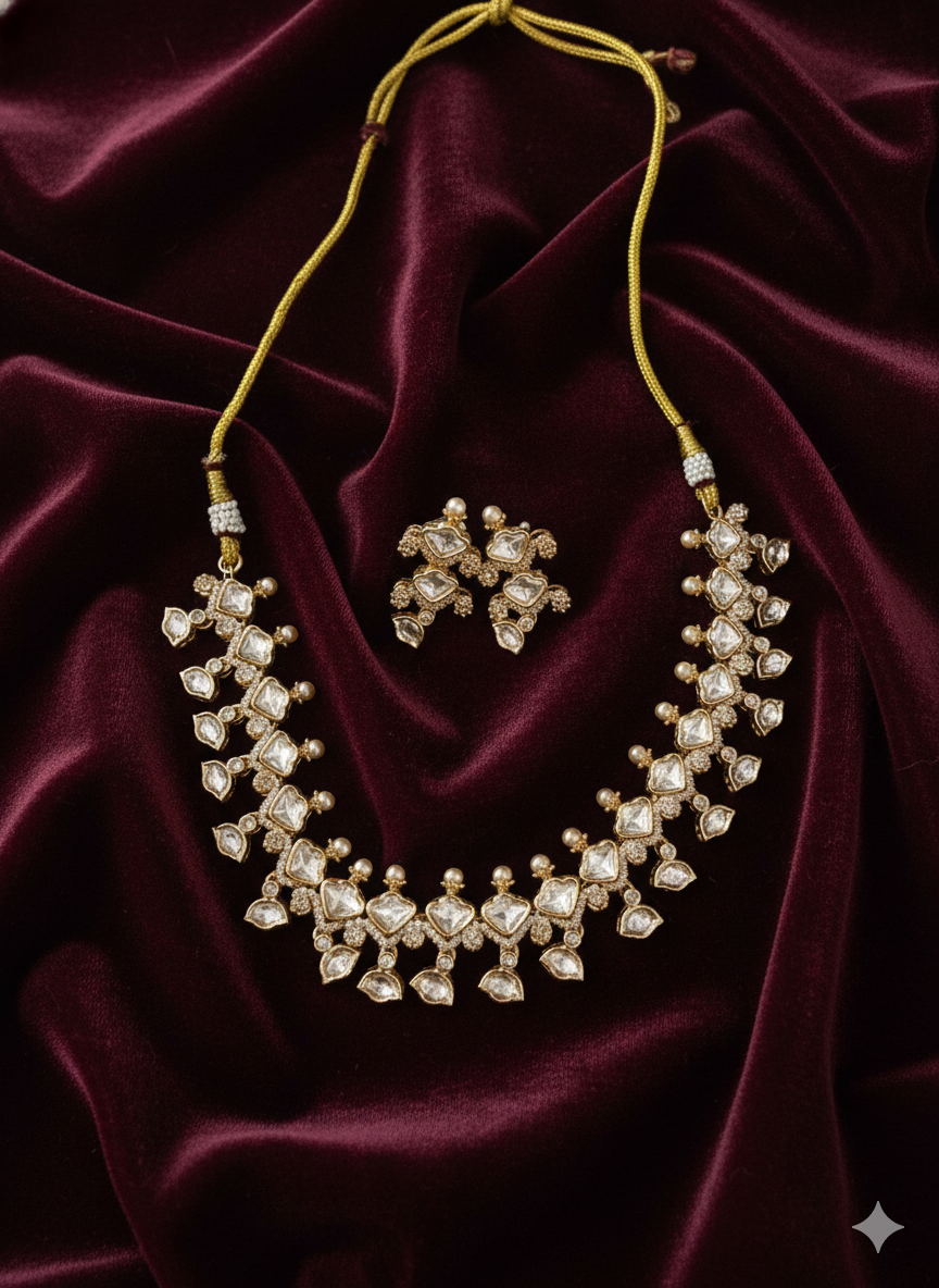 Traditional Gold Plated Polki Stone & Pearl Accent Choker Set