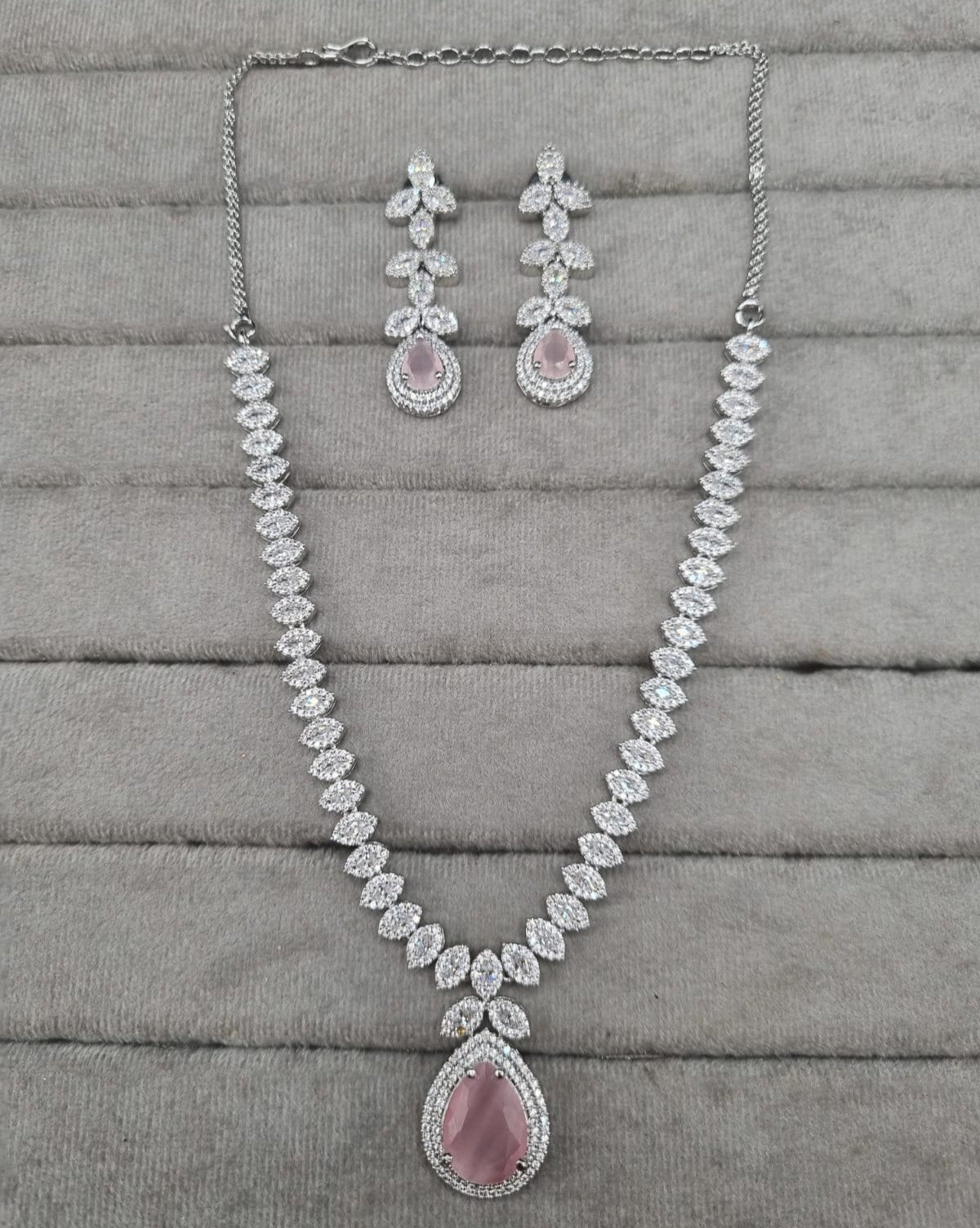 Luxurious Blush Pink Silver AD Jewellery Set