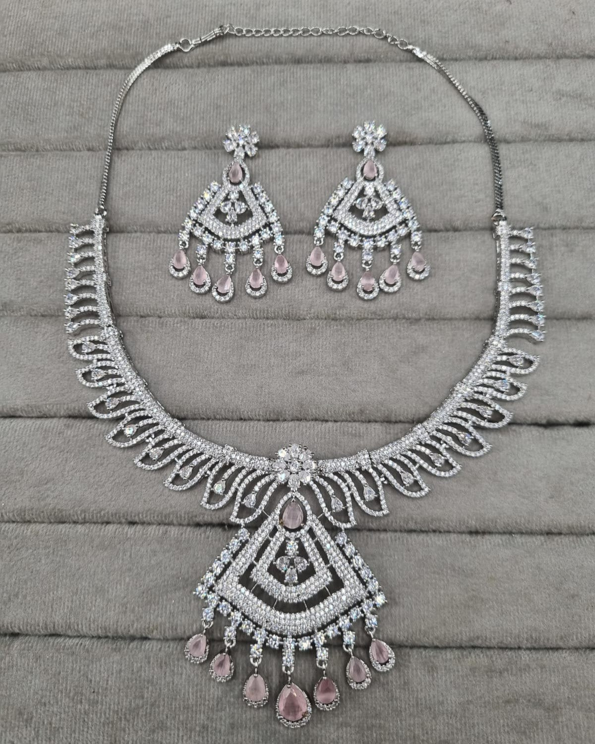 Heavy Sea Green Chandelier AD Necklace Set