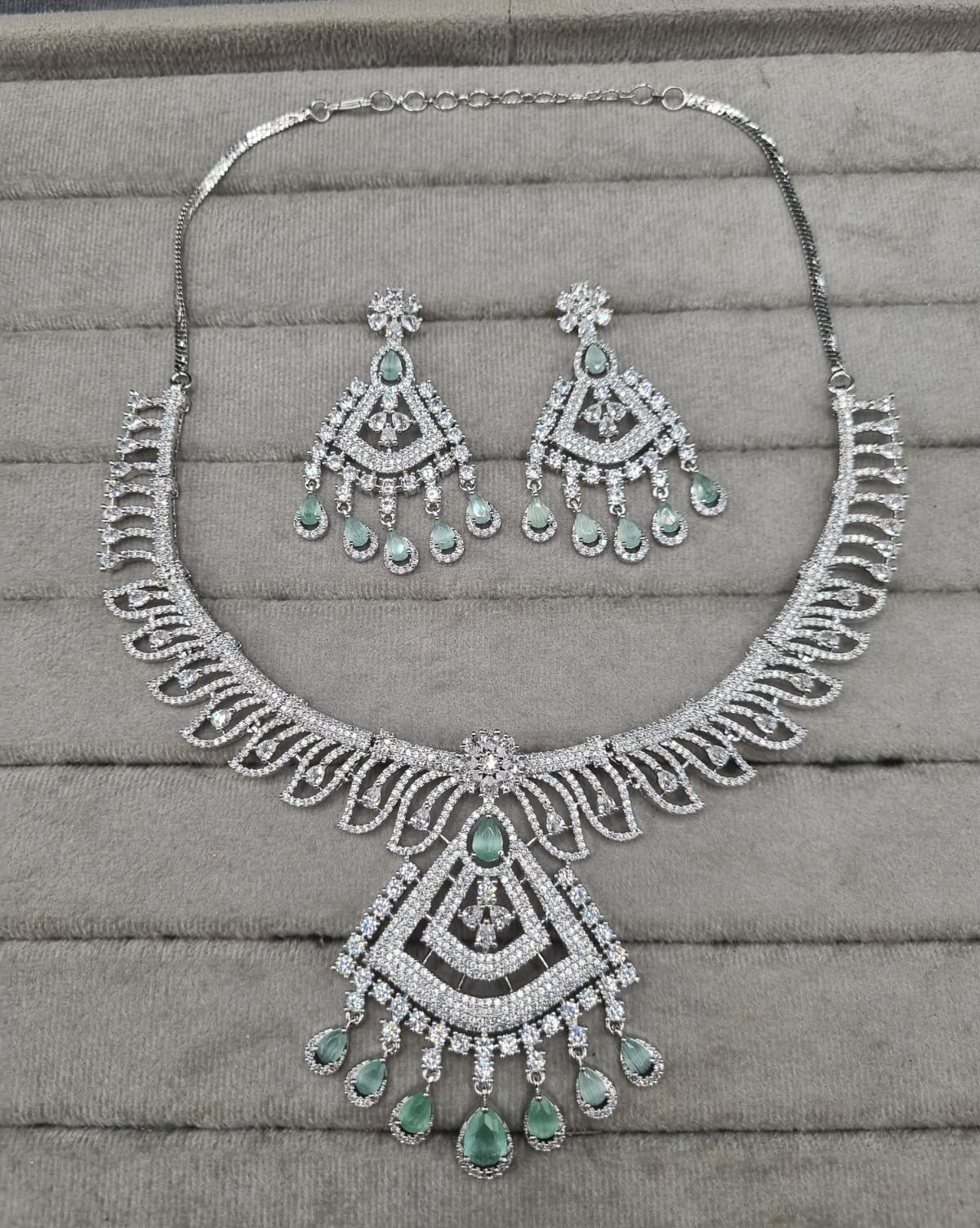 Heavy Sea Green Chandelier AD Necklace Set