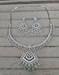 Heavy Sea Green Chandelier AD Necklace Set